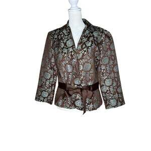 Zinc Womens XL Brown Blue Floral Brocade Blazer Ribbon Tie Waist Jacket